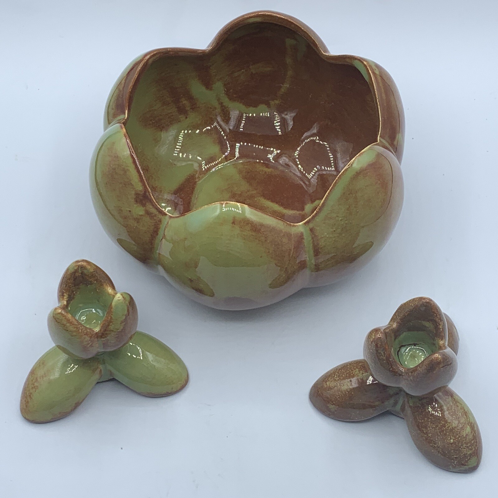 Console Bowl And Two Candle Stick Holders Handmade Ceramic Pottery Set
