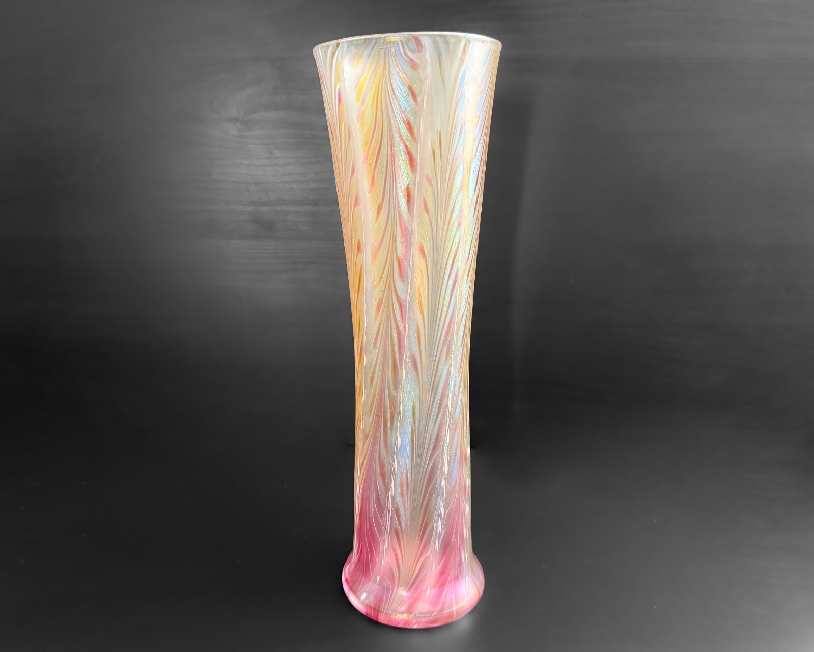 Joseph Morel Zellique 13″ Orange Pink Iridescent Pulled Feather Art Glass Vase