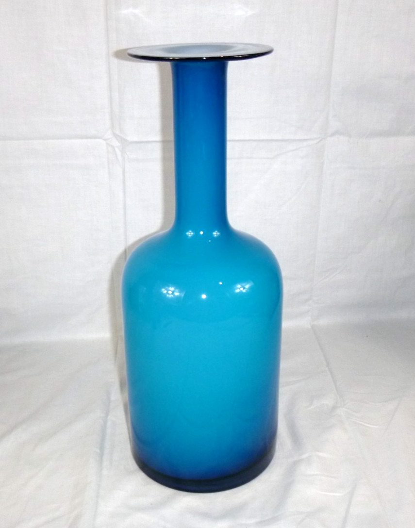 Vtg 90s West Elm Holmegaard Style Cased Glass Vase Gulvvase BRIGHT Turquoise 15″