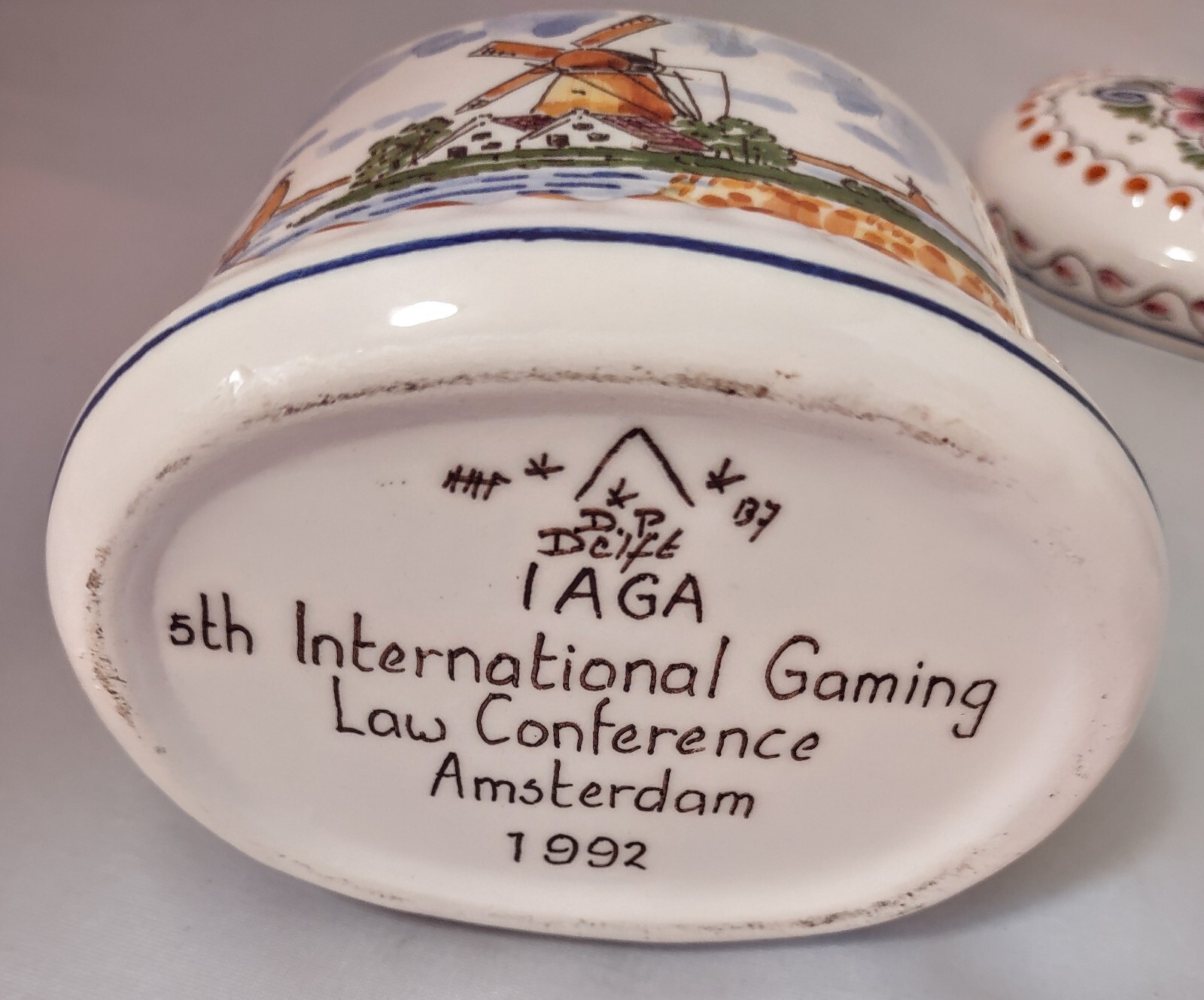 DP Delft Polychrome Jar Oval Lidded Hand Painted Jar, Trinket, Signed Vintage