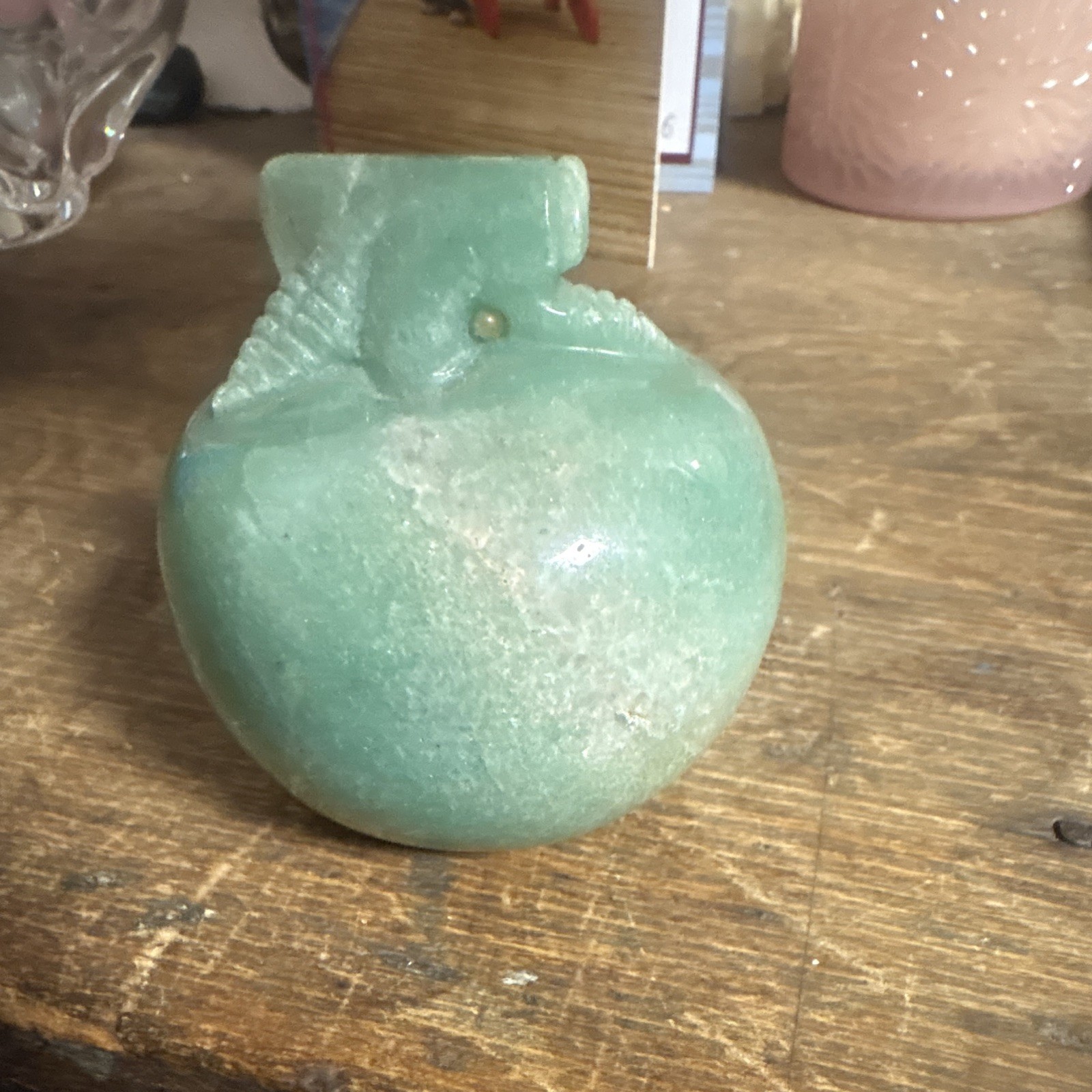 Green aventurine Apple Figurine Collectible Decor, Glossy Glazed Finish