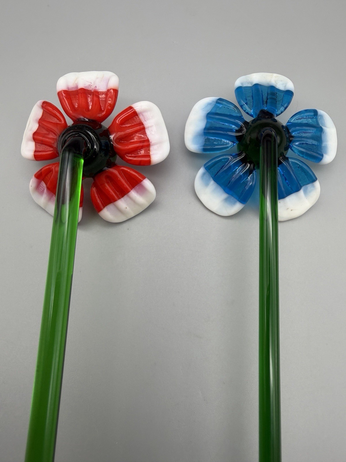Pair of Vintage Art Glass Flowers Red Blue White Green Blown Glass Sculptures