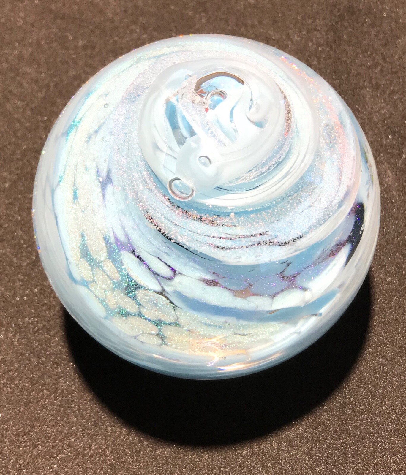 Handmade Dichroic Glass Paperweight by Janet Wolery – BLUE CLOUD SWIRL – 3 1/4”
