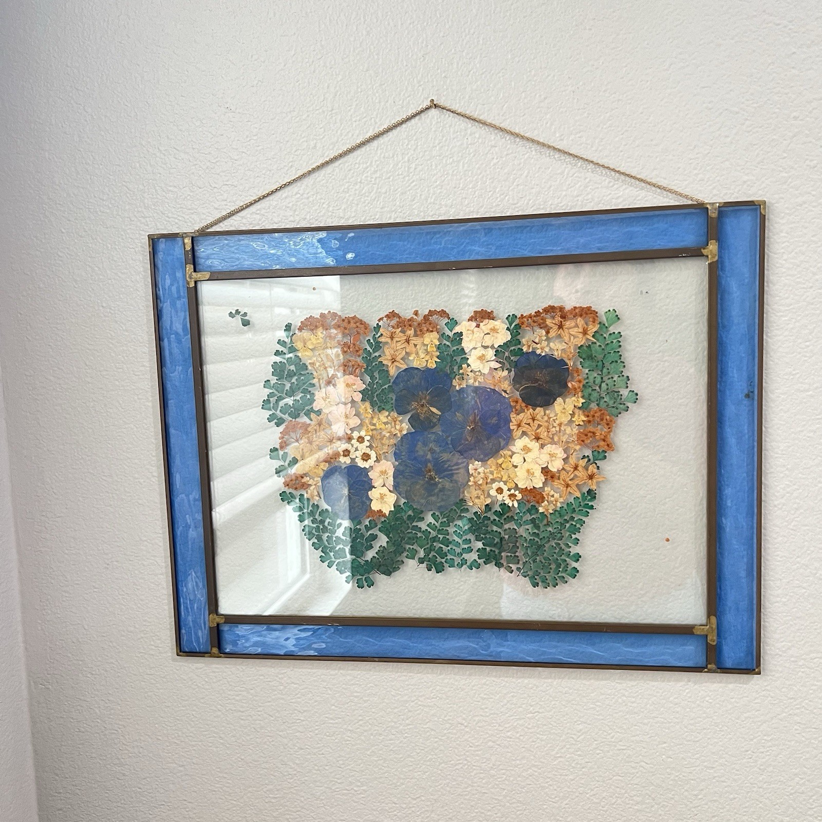 Vintage Pressed Flower In Stained Glass 15”X 19 ” Home Decor Blue Glass