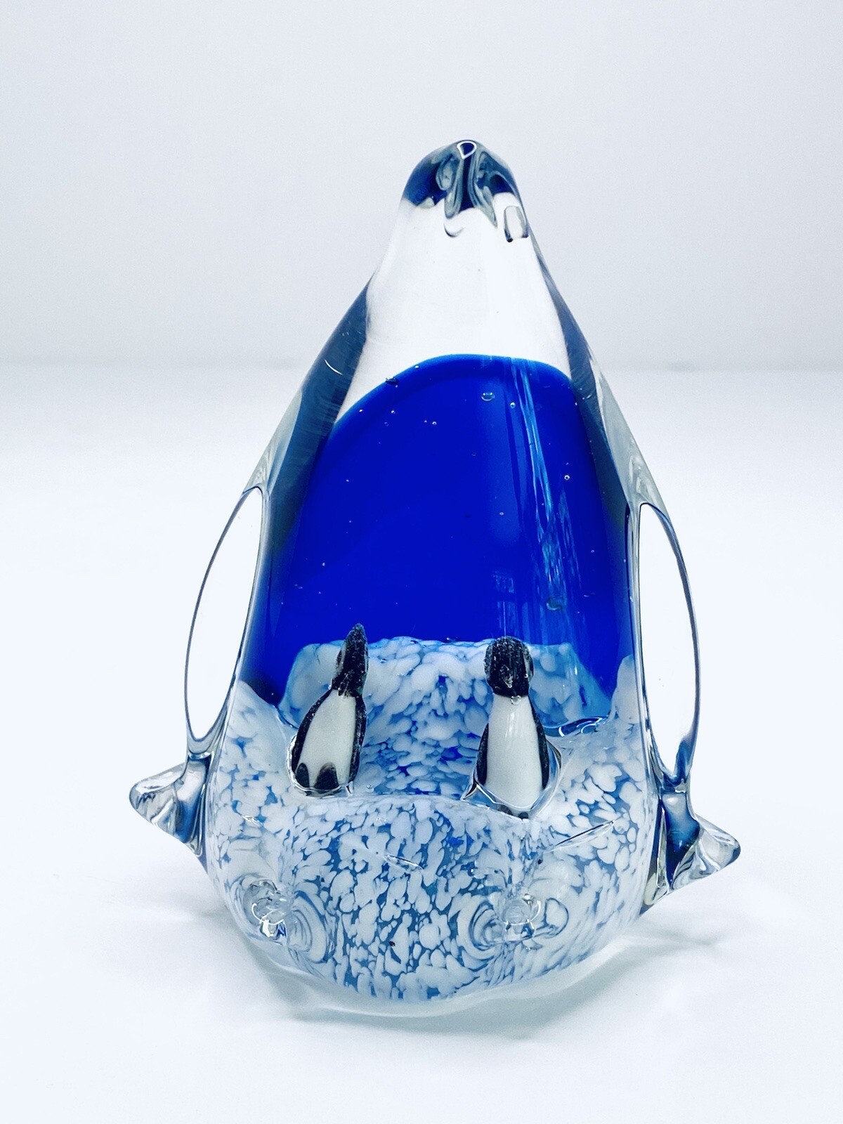 Vintage Murano Style Cobalt Blue Art Glass Penguin w Baby Chicks Babies Sommerso