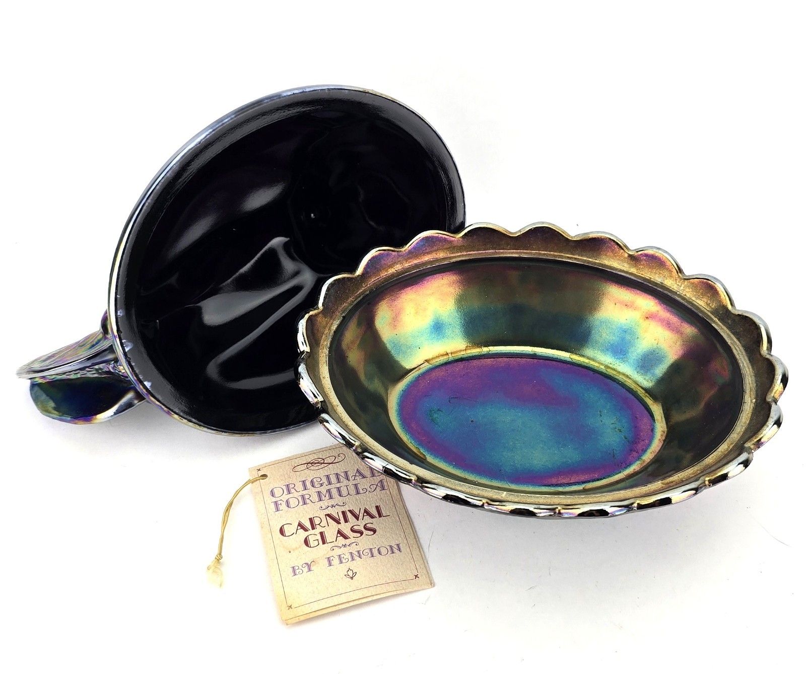 Fenton Amethyst Carnival Glass Hen on Nest 9″ Original Sticker Hang Tag