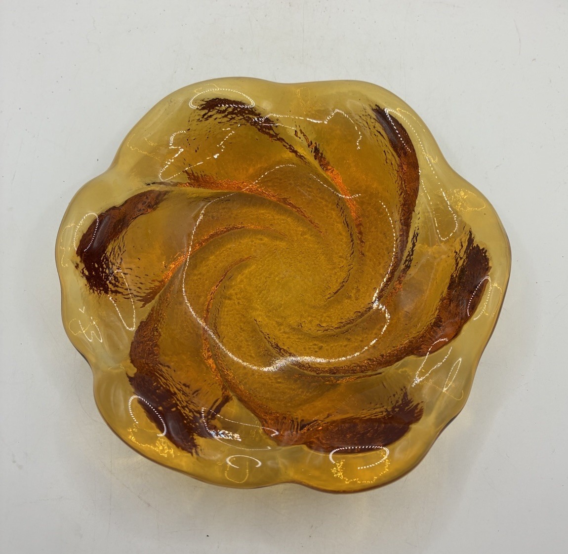 Vintage Fenton Glass Ashtray Trinket Dish 8.5” Honey Amber Swirl Mid-Century MCM