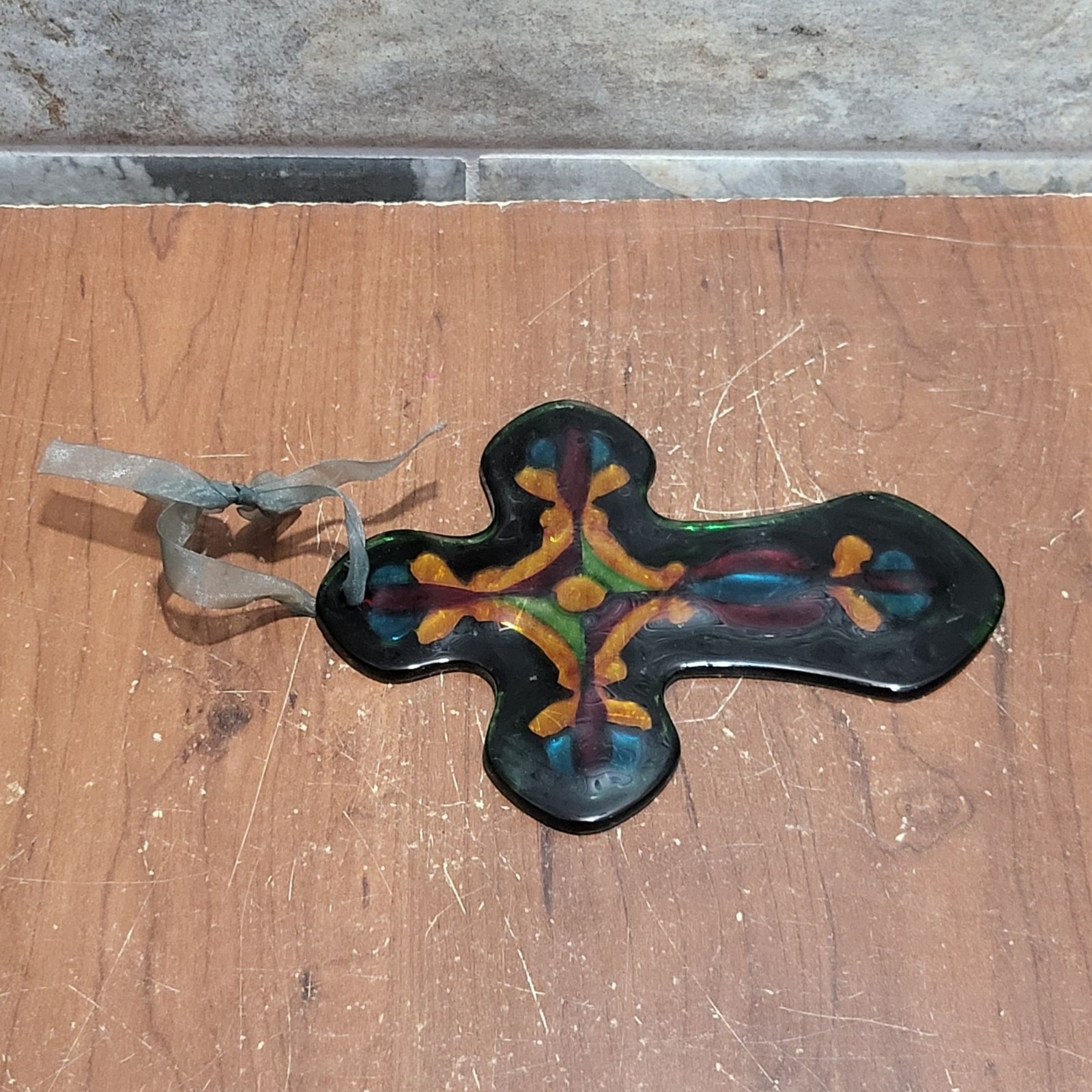 Handcrafted Fused Colored Glass Cross Ornament