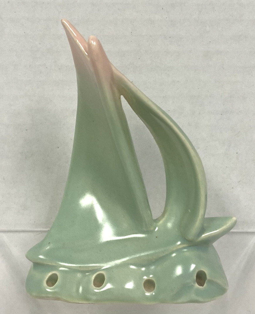 Vintage California Pottery Pastel Pink Green Pottery Sailboat Flower Frog 5″