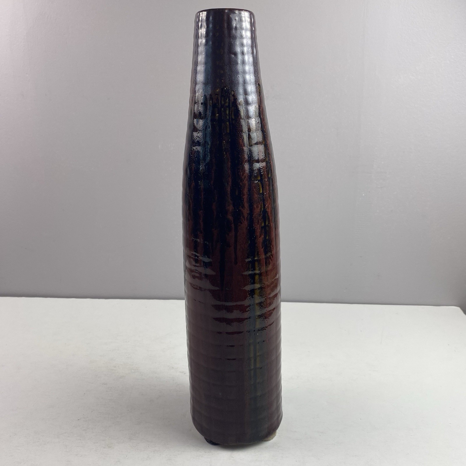 Tall Ribbed & Drip Glazed Vase – Oxblood Red and Black 13.5” READ
