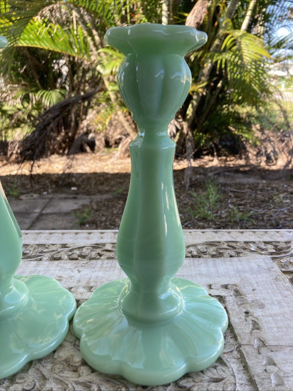 2 Mosser Cambridge Jade Jadeite Green 8 1/4″ Candlesticks Candle Holders * XLNT!