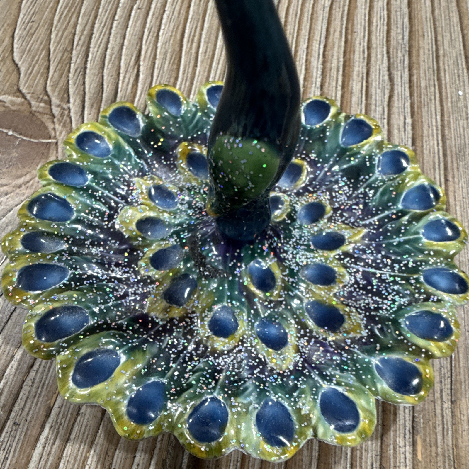 Vtg Enameled Pewter Peacock Ring Holder Jewelry Trinket Dish Tray