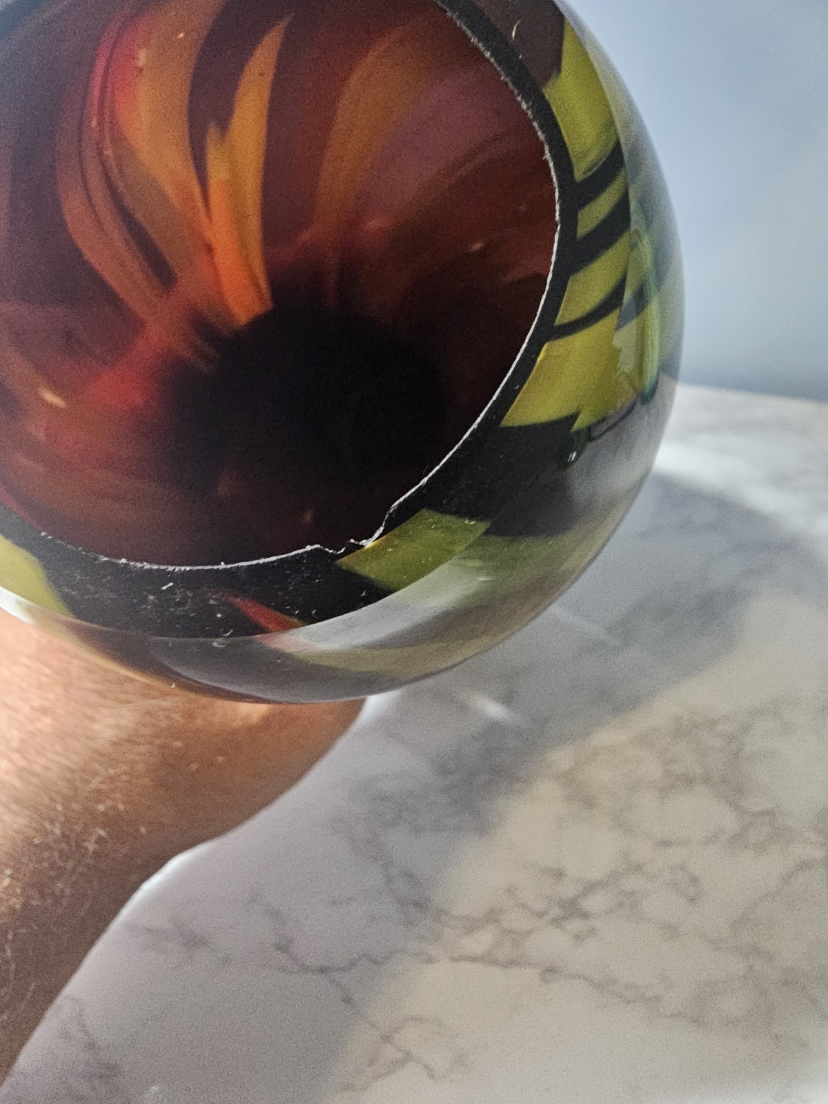 Hand Blown Art Glass Vase Abstract Black Yellow Green Red Swirl Glossy