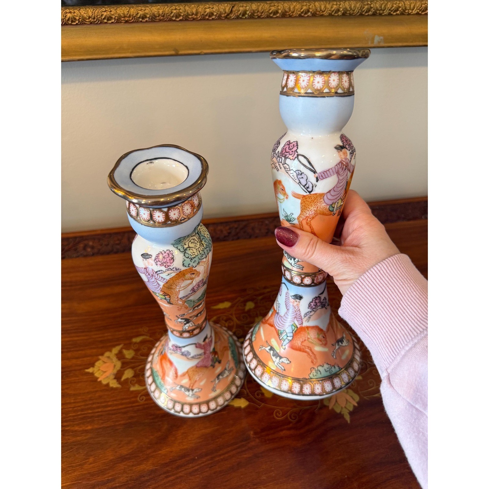 Chinoiserie Porcelain Candlestick Holders | Vintage Orange & Blue Pair 10.25″