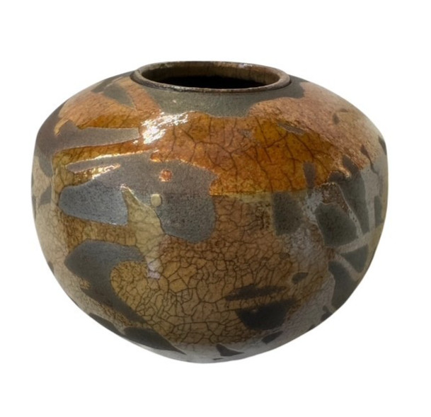 Studio RAKU Pottery Vessel with Sculptured Lid Crackle Glaze Organic Pattern