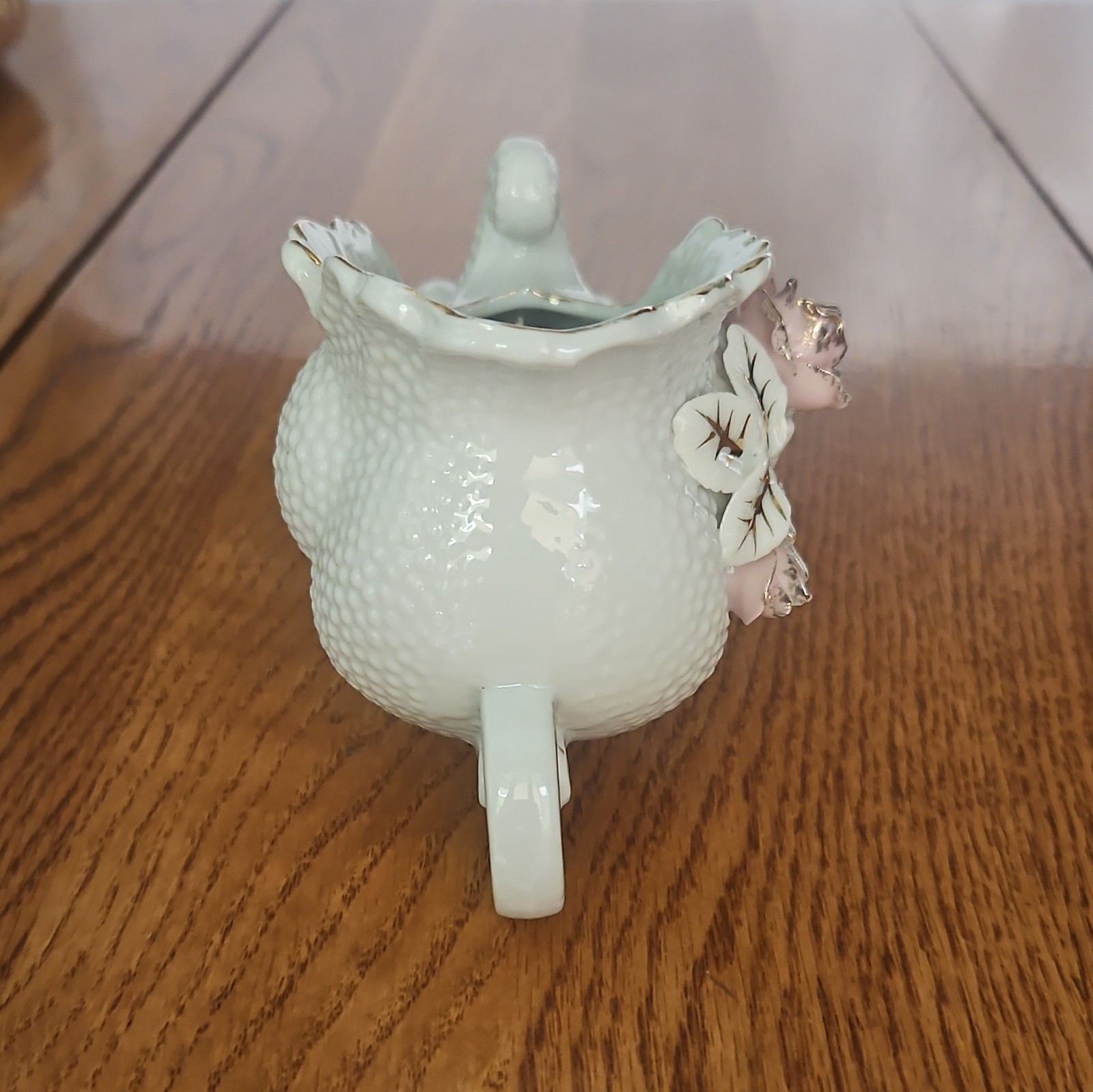 White Ceramic Wheelbarrow Vase Pink Rose Floral Pattern Gold Trim Glossy C1776