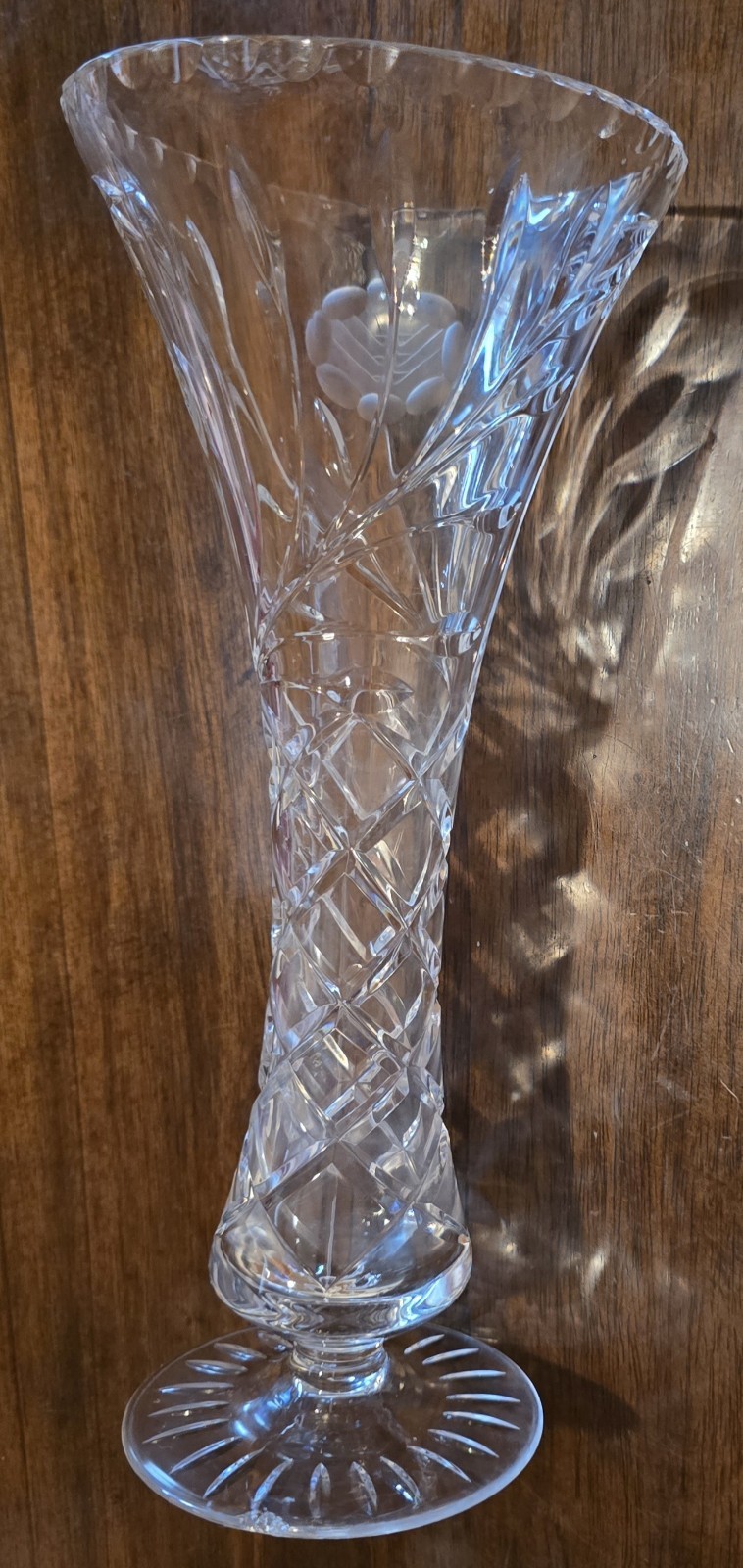 12″ Crystal Flower Vase Thick Cut Design Decor Chip At Base