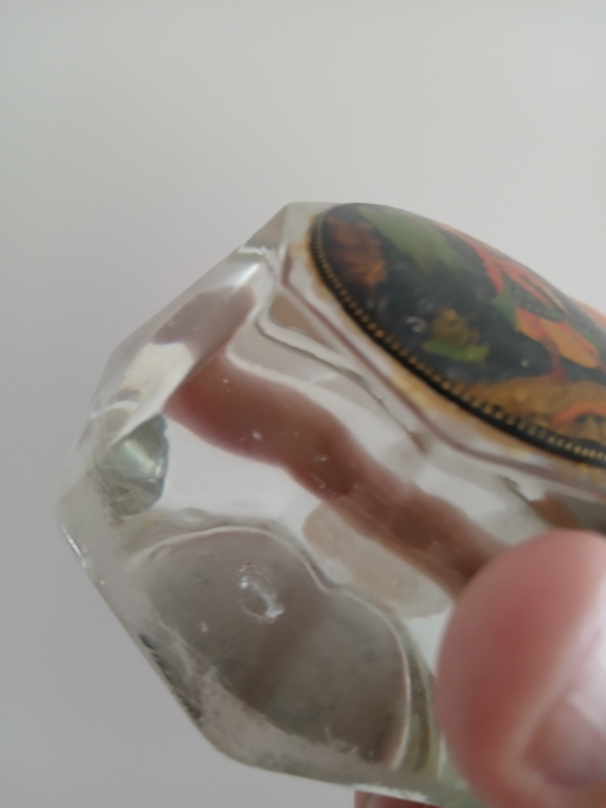 Antique Tapered Octagonal Glass Paperweight with Russian Lacquer Artwork to Top