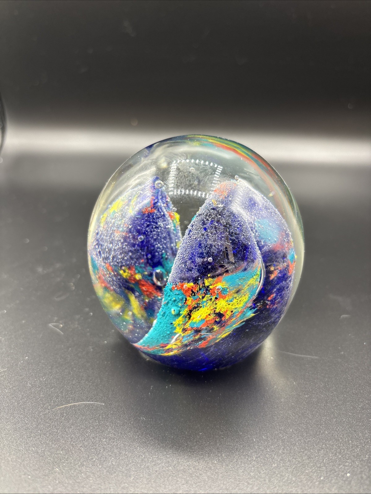 Colorful Coral Swirl Art Glass Paperweight Blue Teal Yellow Underwater Abstract