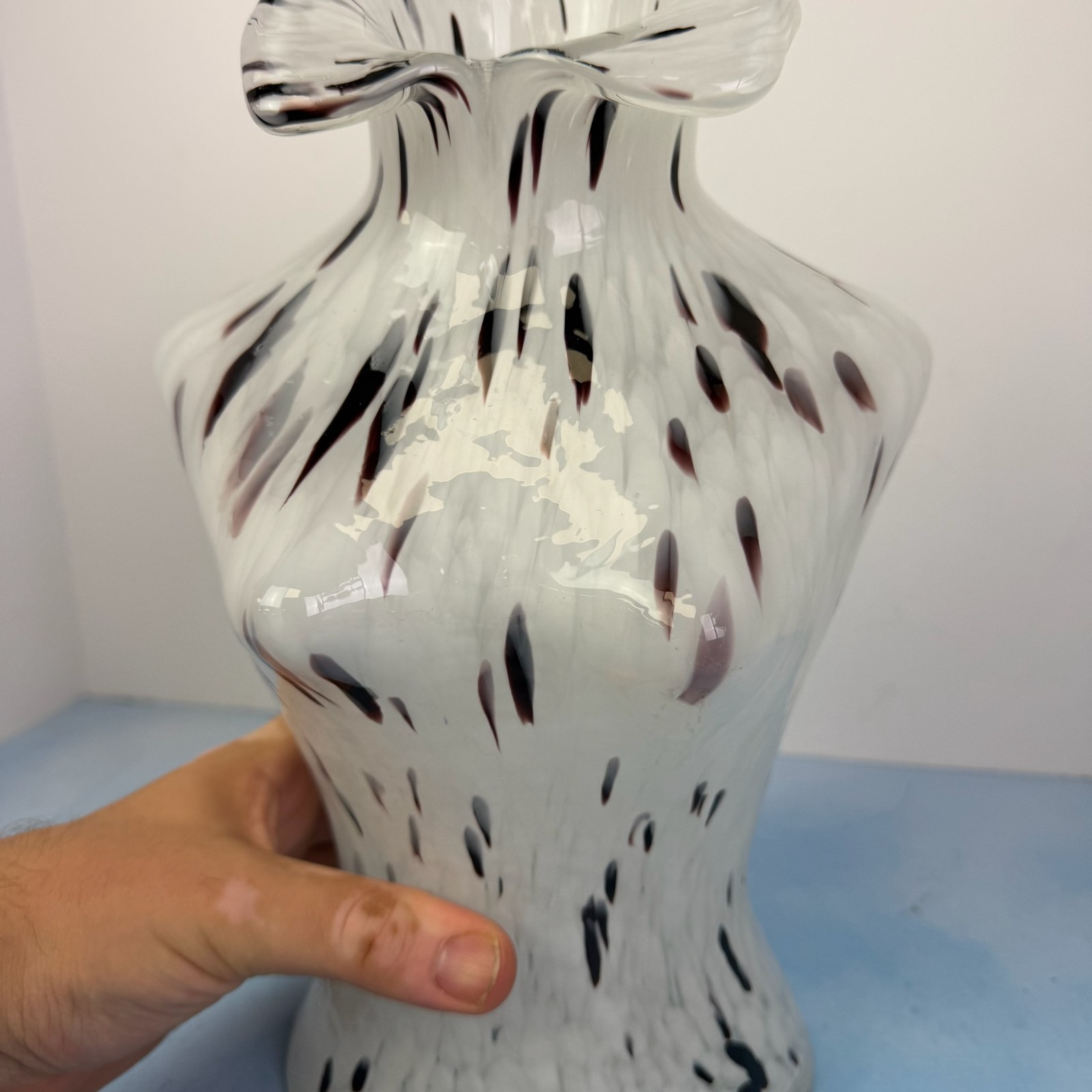 Female Torso Art Glass 12″ Vase Murano Style White Purple Spots Lady Bust Girl