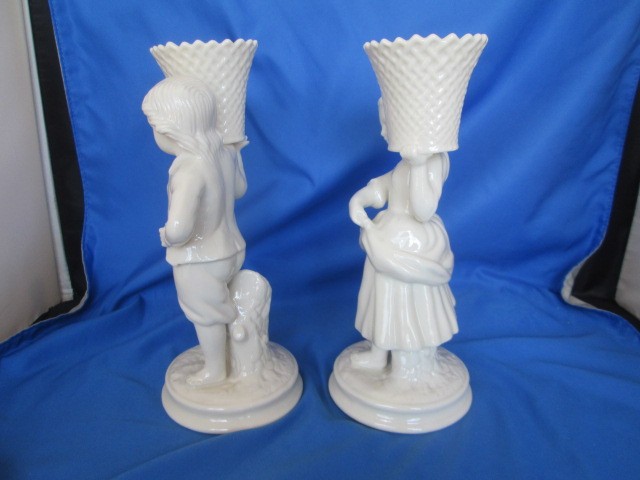 Belleek Victorian Boy and Girl Basket Candle Holders Ireland 6th & 7th Mark Vtg