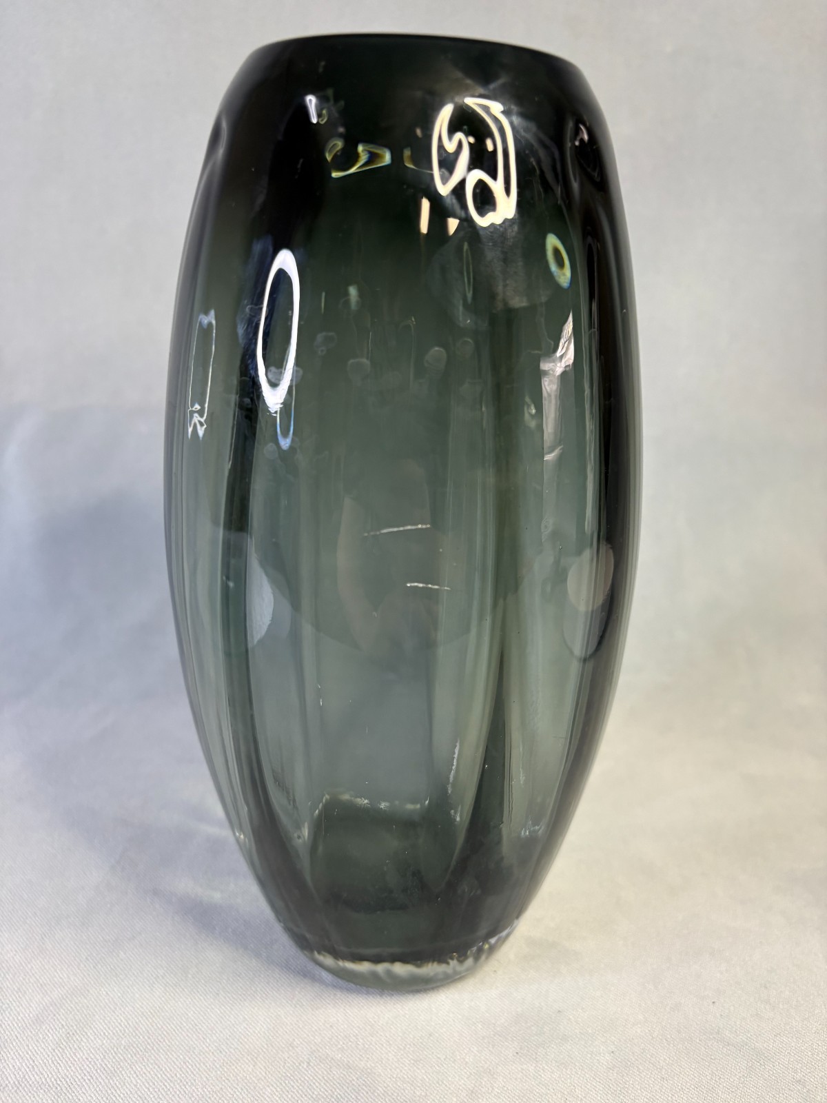 Torpedo Art Glass Vase Smoke Gray Green Optic Ribbed Polish Eastern European