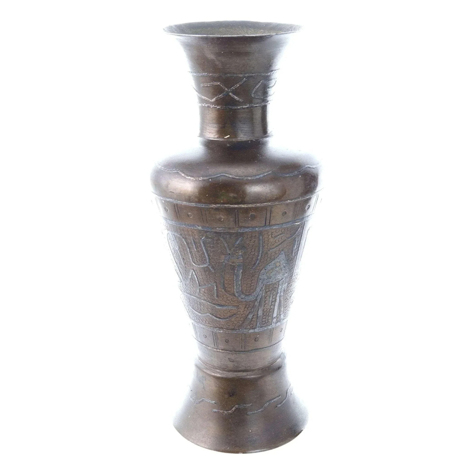 c1900 Egyptian Brass Vase with sterling silver overlay Camels, Pyramids, Sphinx