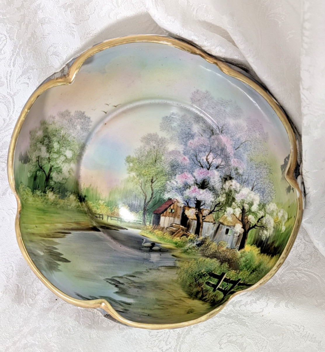 Hand Painted Noritakte Bowl with Farm, Pond Geese, Flowers, Nature