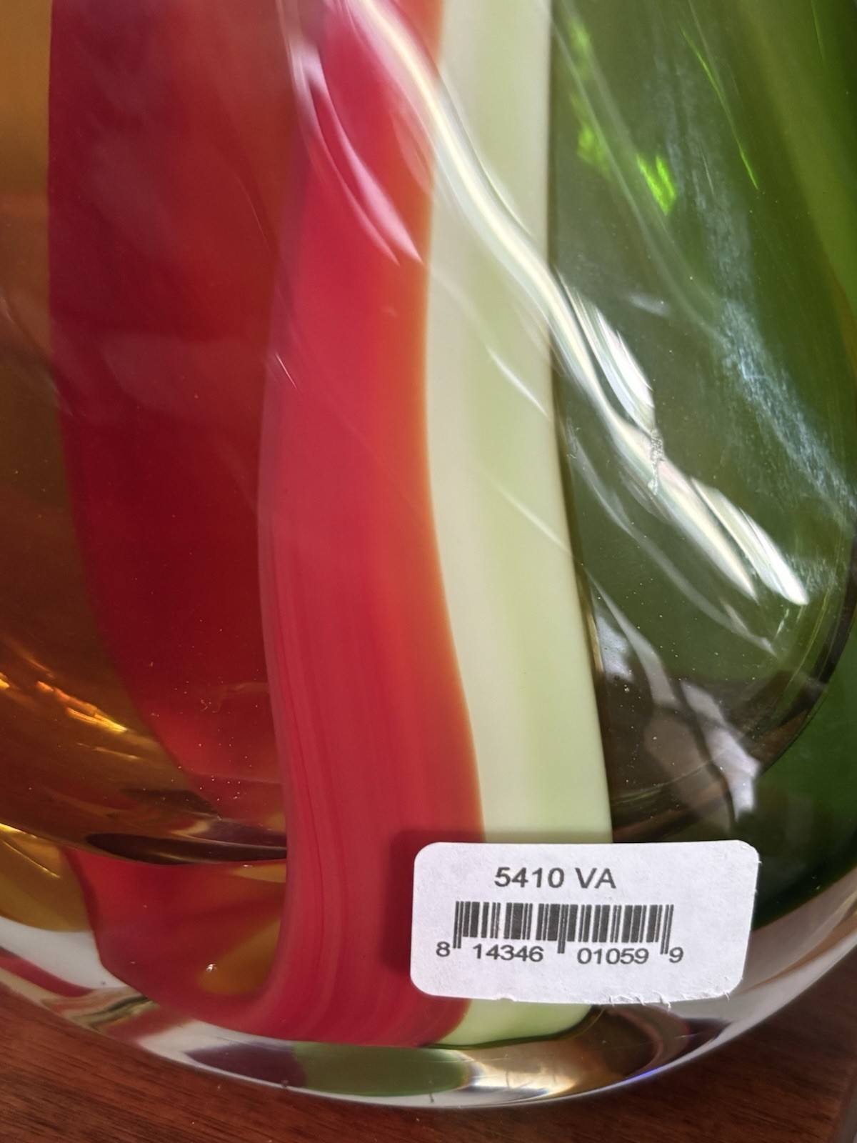 Gorgeous Murano Style Teardrop Glass Vase, 11″ Tall Red White Green Yellow