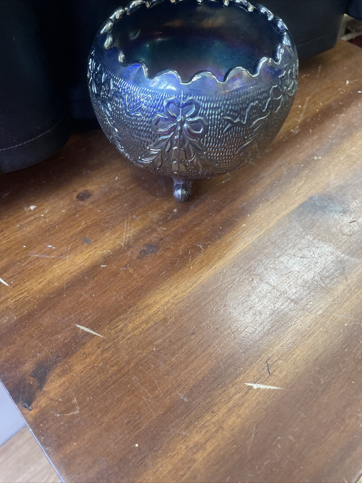 Vintage Fenton Colbalt Blue Iridescent Garland Rose Bowl Vase