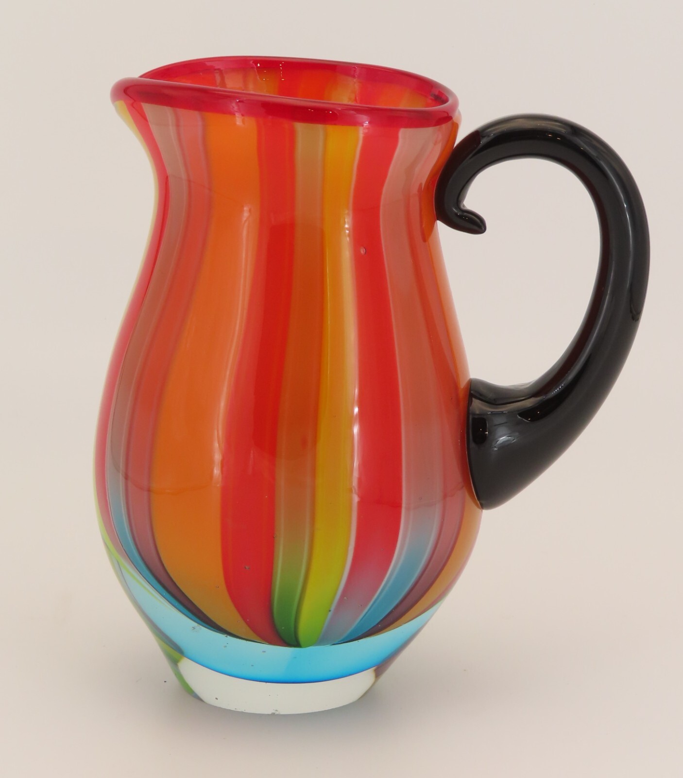 Vibrant Multi Colored Striped Sommerso Base Heavy Art Glass Pitcher Vase 9” High