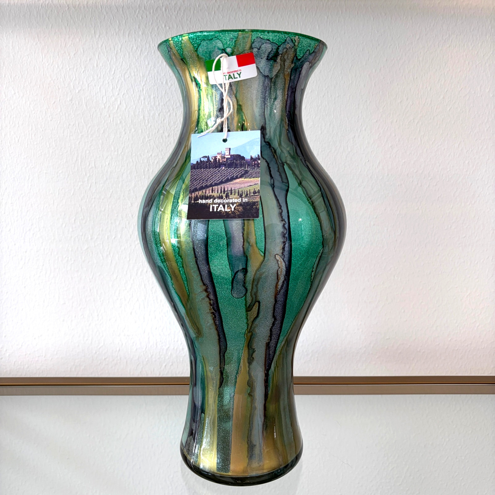 Italian Murano Art Glass Vase 14.5in Green Blue Gold Glitter Swirl Hand Blown