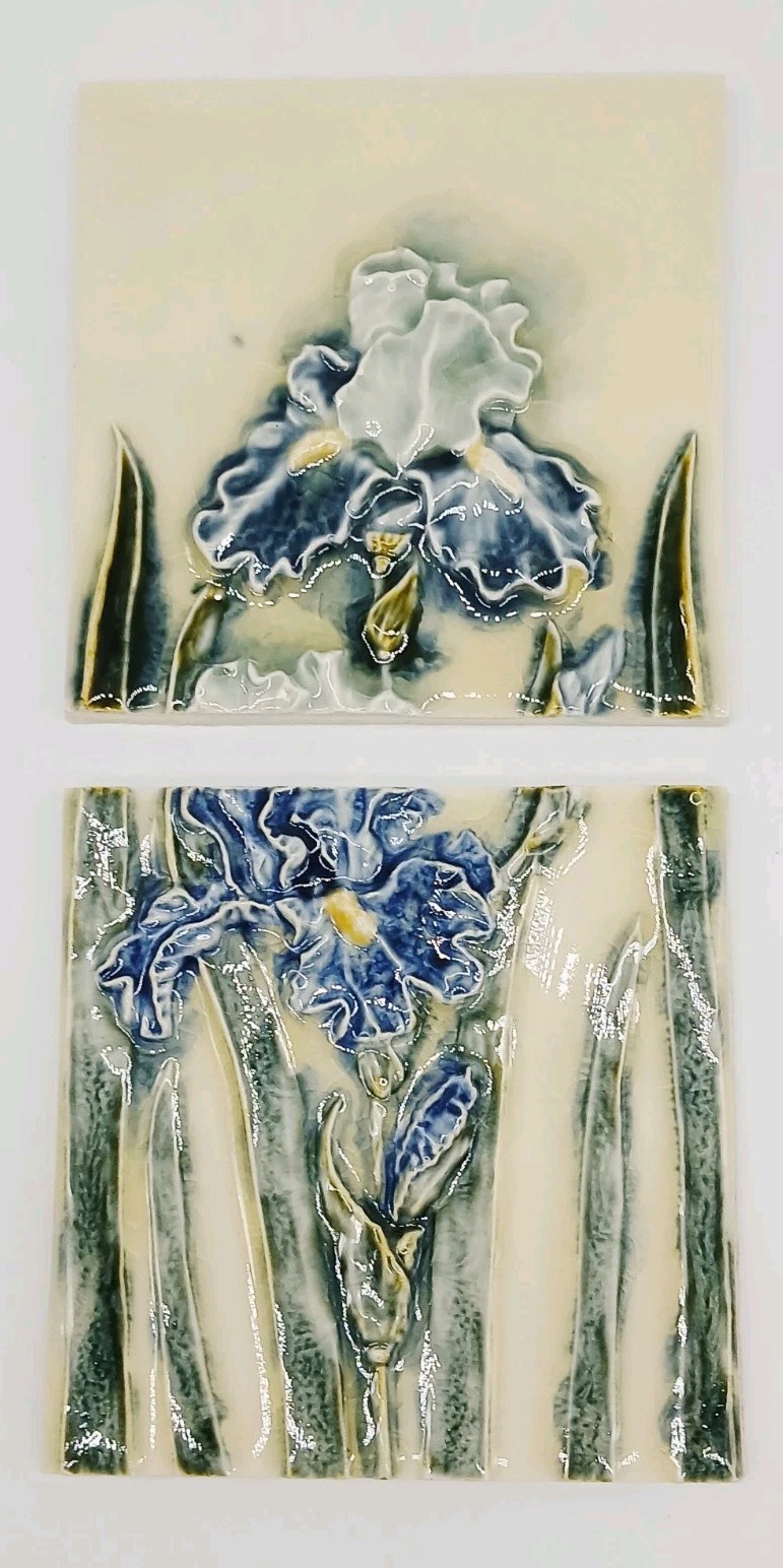Set of 2 Pratt & Larson 6″ x 5 7/8″ x 3/8″ Embossed Iris Flower Tiles