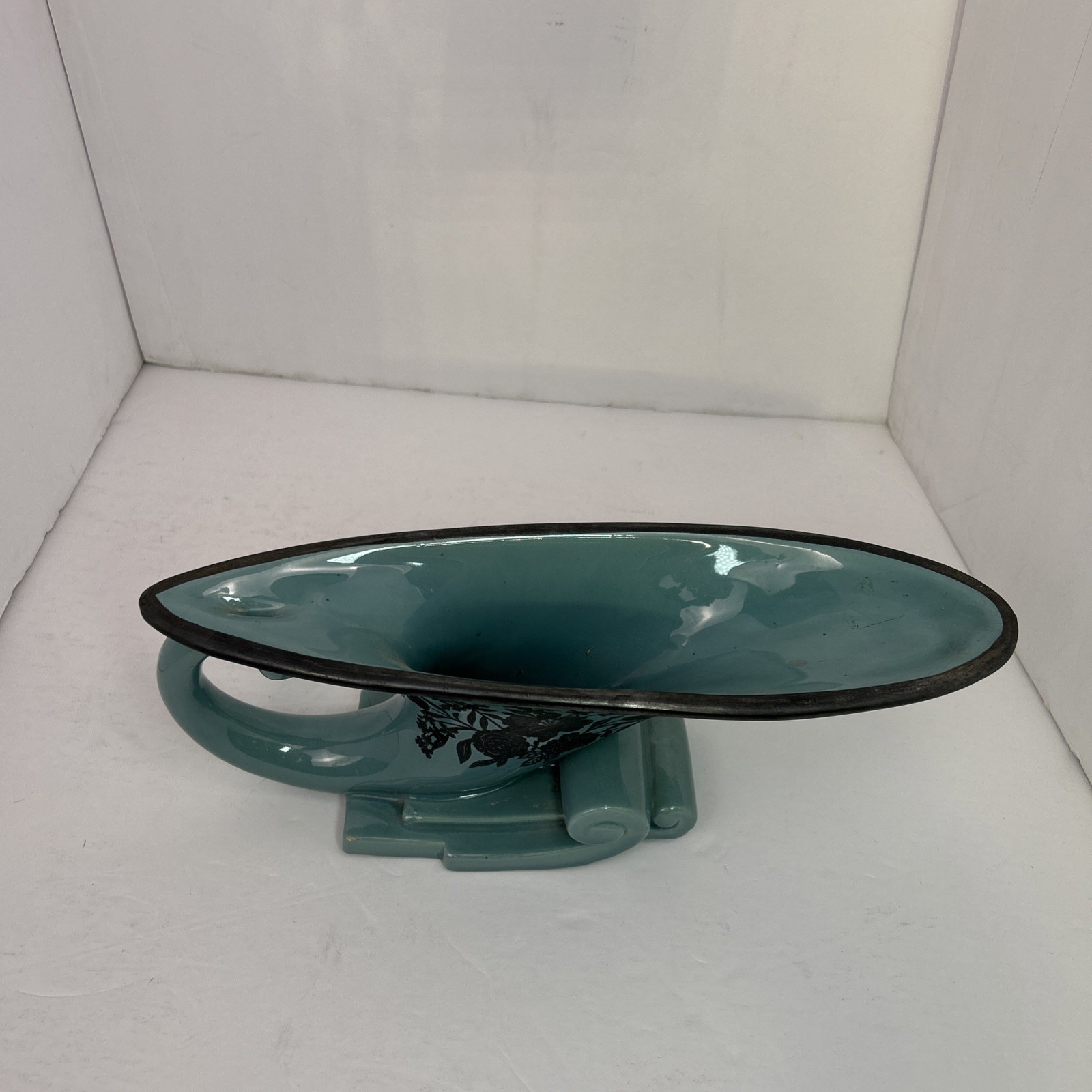 Haeger Pottery Art Deco Teal Cornucopia Vase Scroll Base Sterling Silver RARE