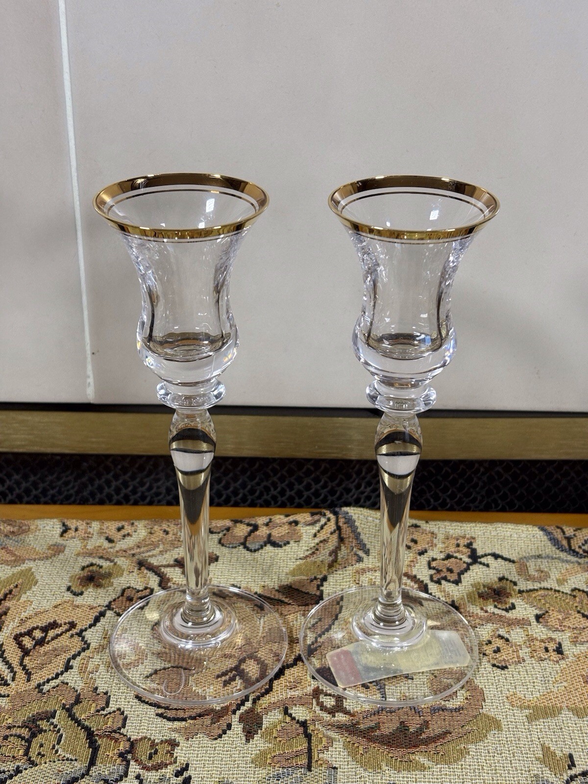 Pair of Mikasa Jamestown Gold Lead Crystal Candleholders Austria 7 3/4 In