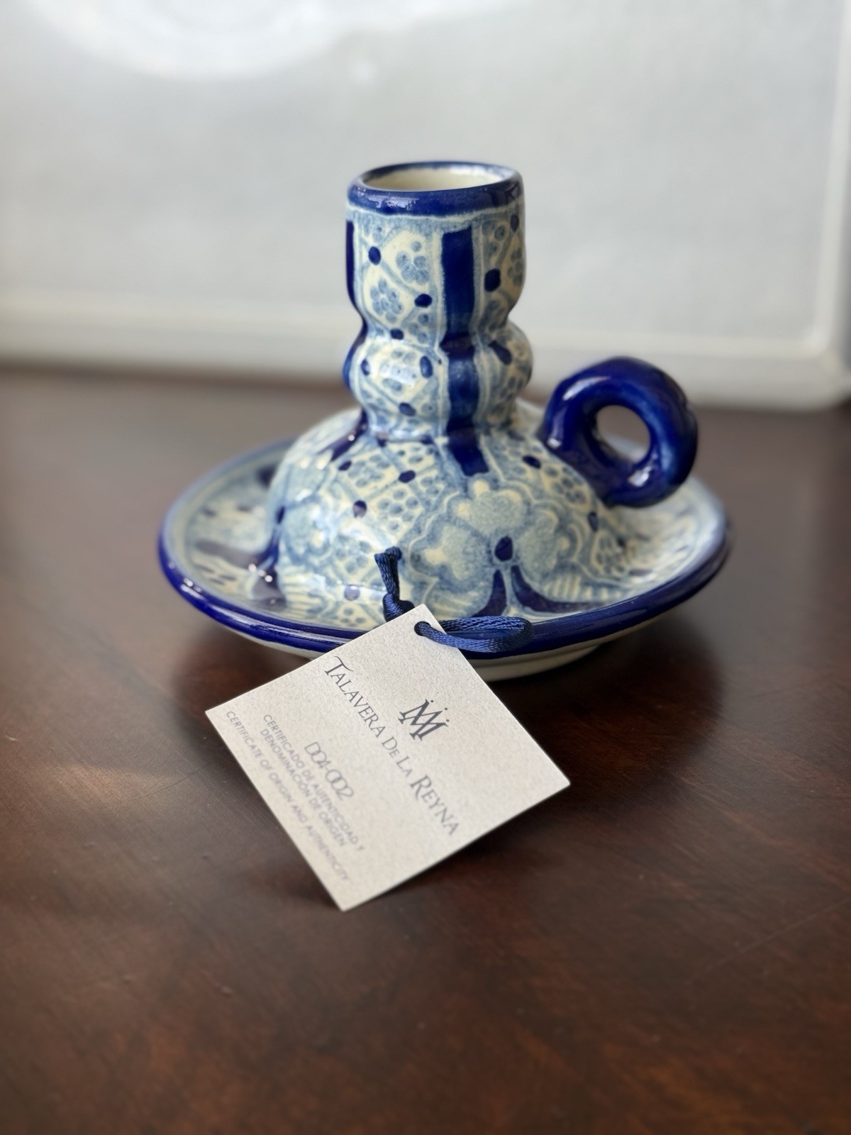 Talavera De La Reyna Floral Hand Painted Blue & White Ceramic Chamberstick