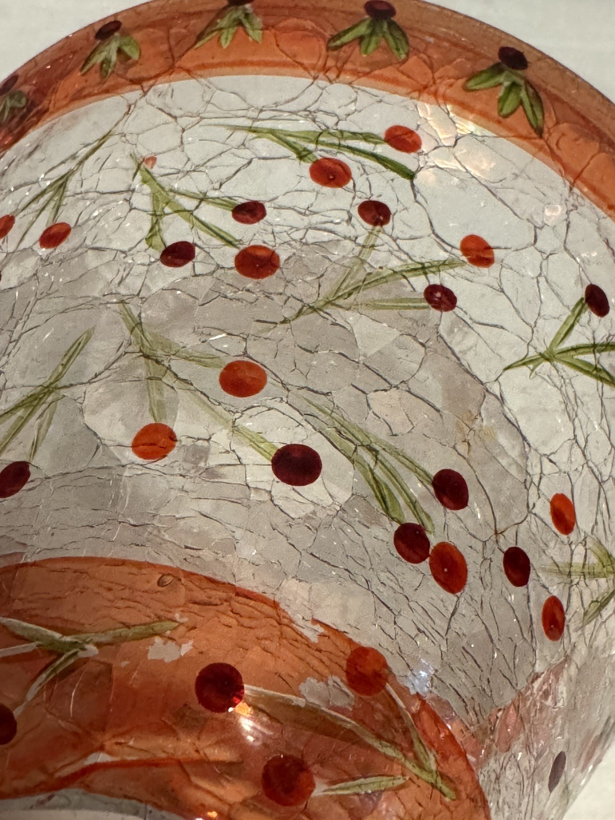 Vintage Crackle Glass Candle Holder Shade Plate Set Hand Painted Red Berries H5”