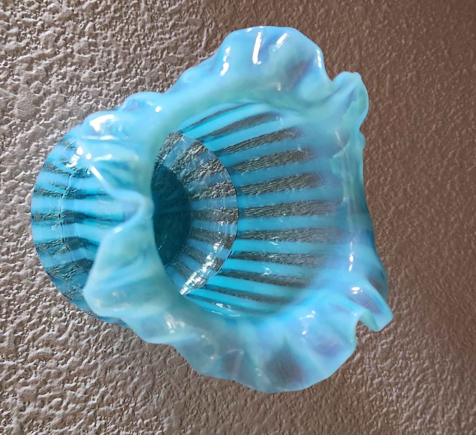 Antique NORTHWOOD Blue Opalescent Striped Ruffled Edge Celery Vase**Beautiful**