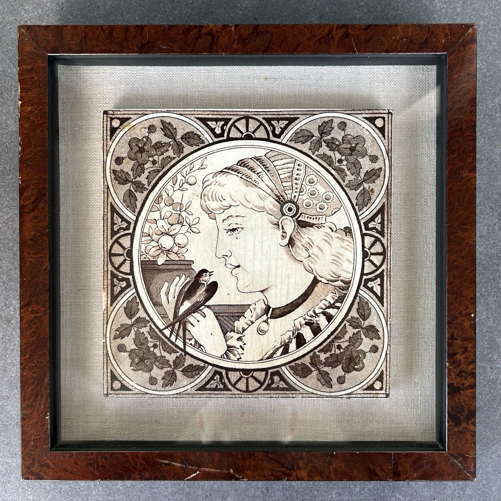 Framed Aesthetic Eastlake Arts and Crafts decorative tile – lady foliage bird