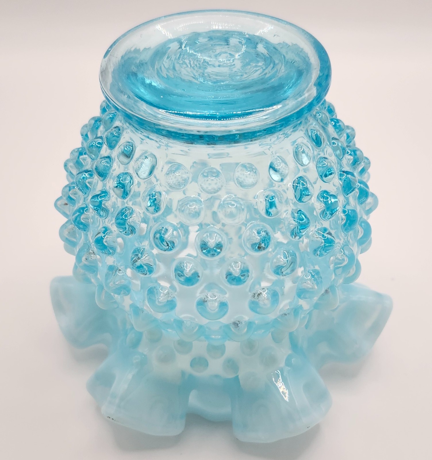 Vtg Fenton Aqua Baby Blue Opalescent Hobnail Ruffled Art Glass Vase 4.5″ AS IS
