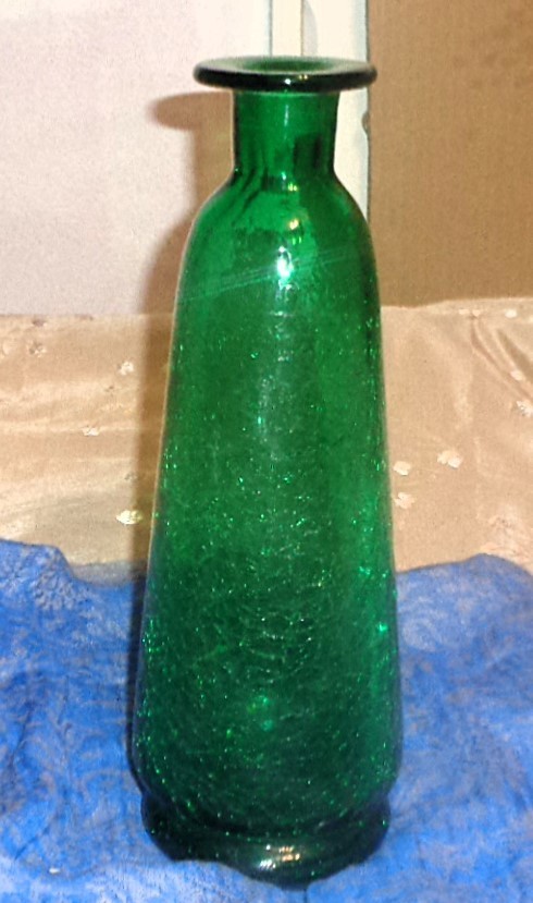 VTG Green Crackle Glass Vase, Art Glass, 11.5 inches tall Hand blown in the 60s