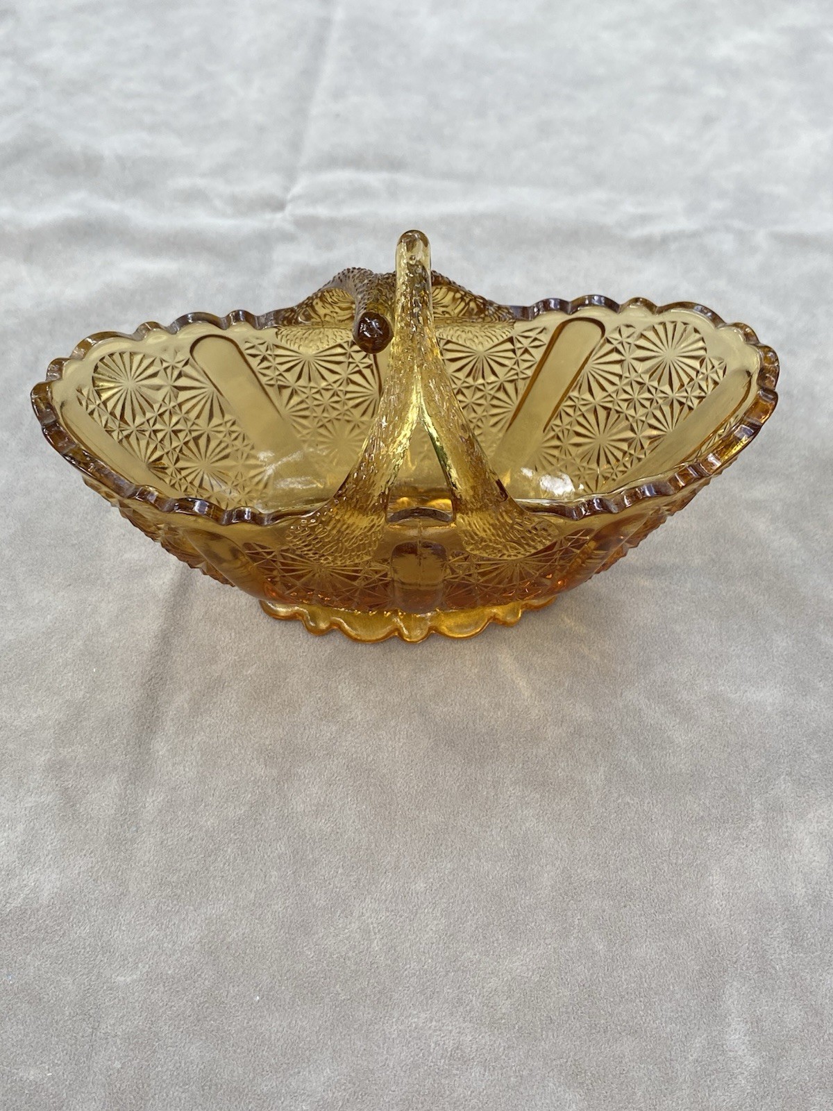 Vintage Fenton Glass Honey Amber Daisy Button Basket with Split Twig Handle