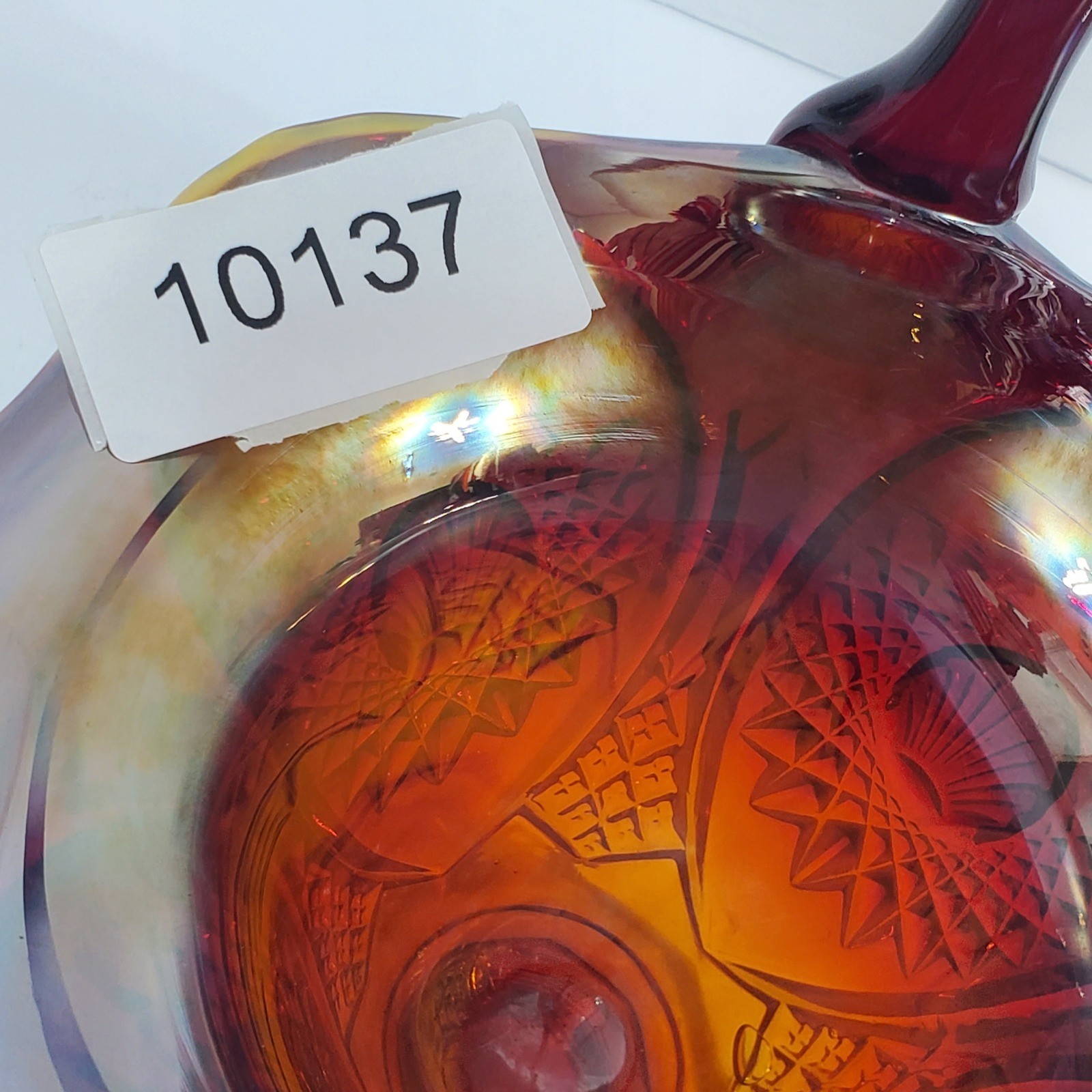 Vintage Carnival Glass Basket Amberina Red Iridescent Ruffled Starburst 10.5 in