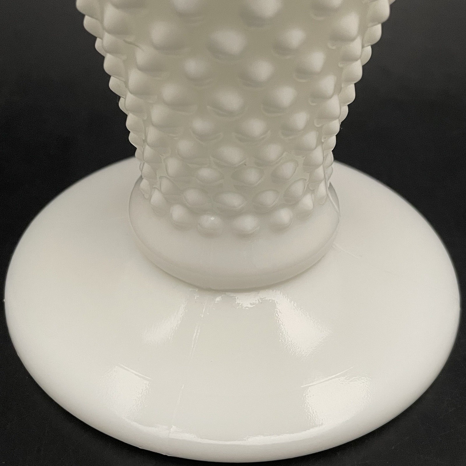 Fenton White Milk Glass Ruffled Crimped Hobnail Trumpet Vase c1970s USA 7.75″t