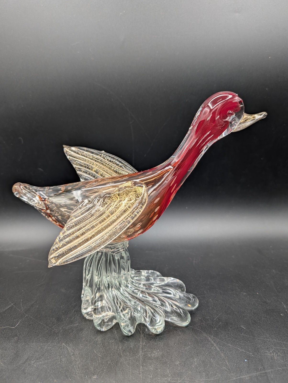 Vintage MCM AVEM Murano Art Glass Bullicante Red flying duck gold Flag Figurine