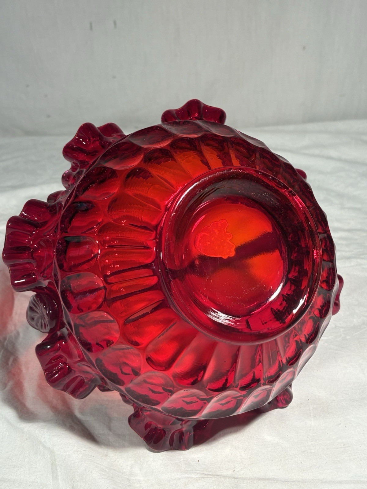 Vintage Fenton Glass Ruby Red Thumbprint Ruffled Colonial Handle BASKET 8.5″