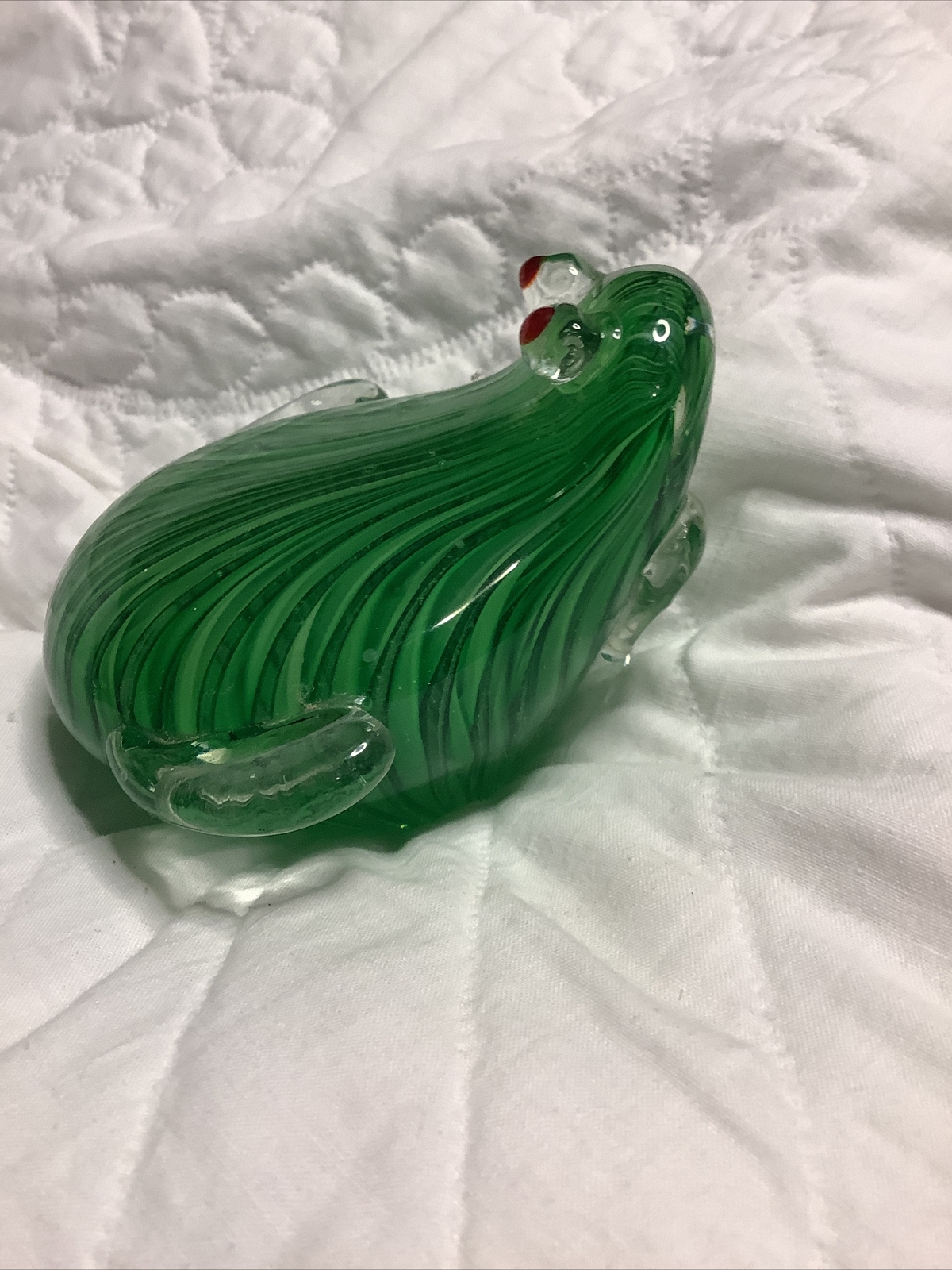 Murano Style Art Glass Large GREEN FROG Latticino Ribbon Cane Red Eyes Vintage