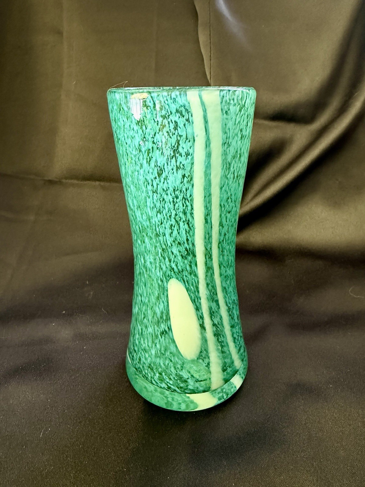 Hand Blown Glass Vase Teal With White Designs – 6 1/4 Inches Tall