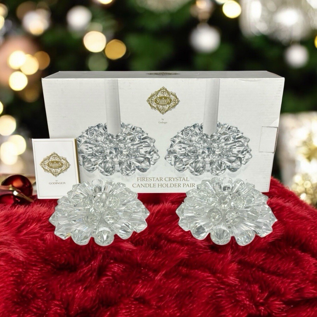 New Shannon Crystal by Godinger FireStar Crystal Candle Holder Set of 2 Pair