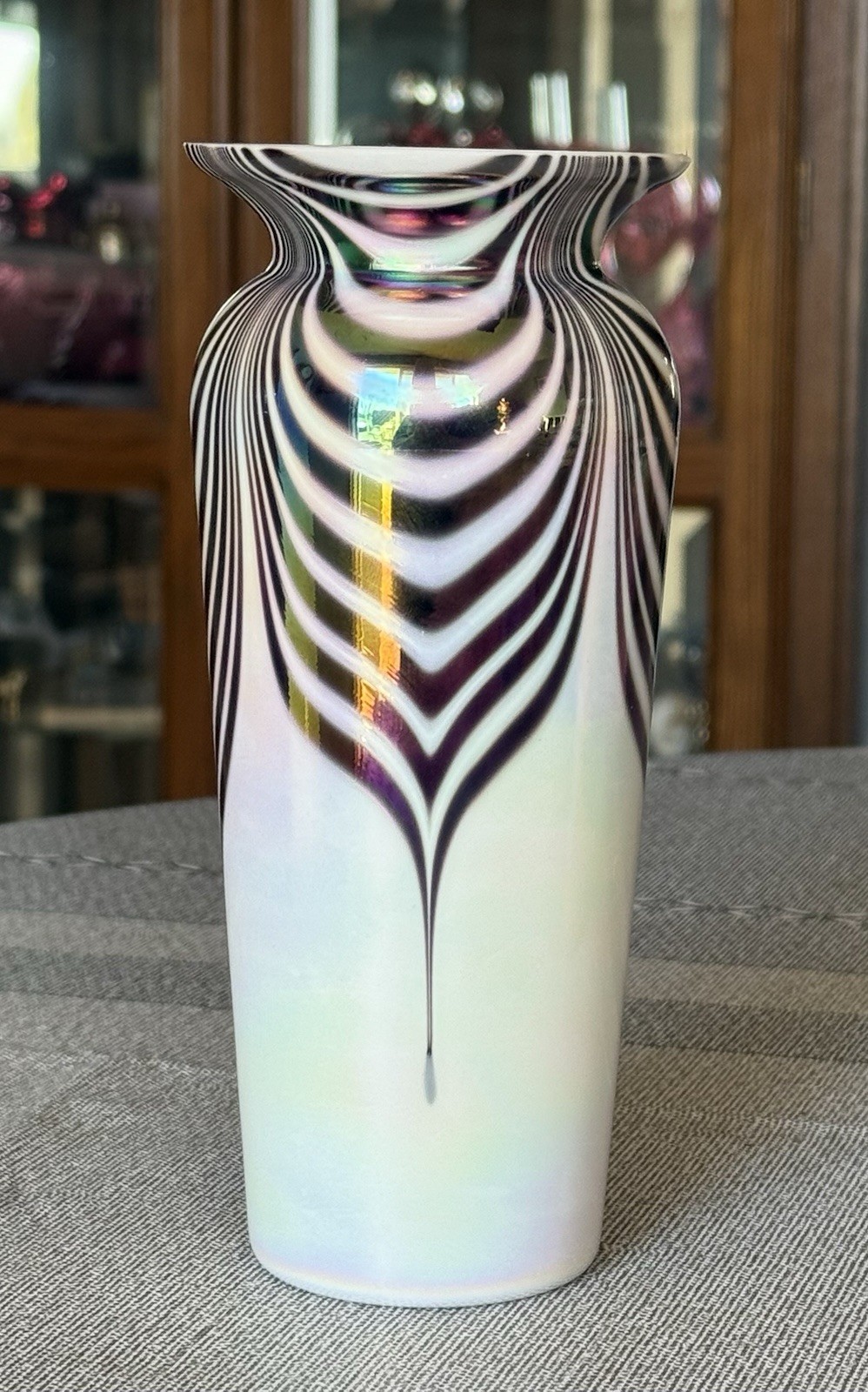 Silvestri – Milk & Purple Carnival Pulled Feather 7″ Vase